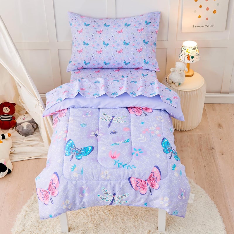 lasoftan Butterfly Toddler Bedding Set for Girls, 4 Piece Bed-in-a-Bag Toddler Comforter Sets, Super Soft Comforter Sheet Set and Comfortable Microfiber Toddler Bed Set - Image 1